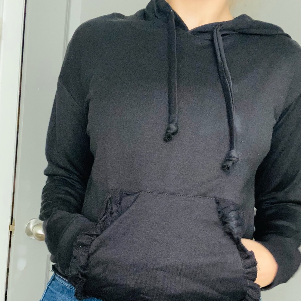 BLACK RUFFLE POCKET HOODIE - Picture 2 of 4